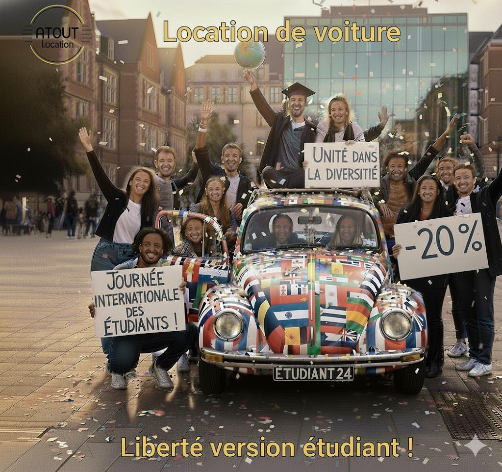 🎓 Journée Internationale des Étudiants – Roulez vers vos projets avec -20 % chez Atout Location !